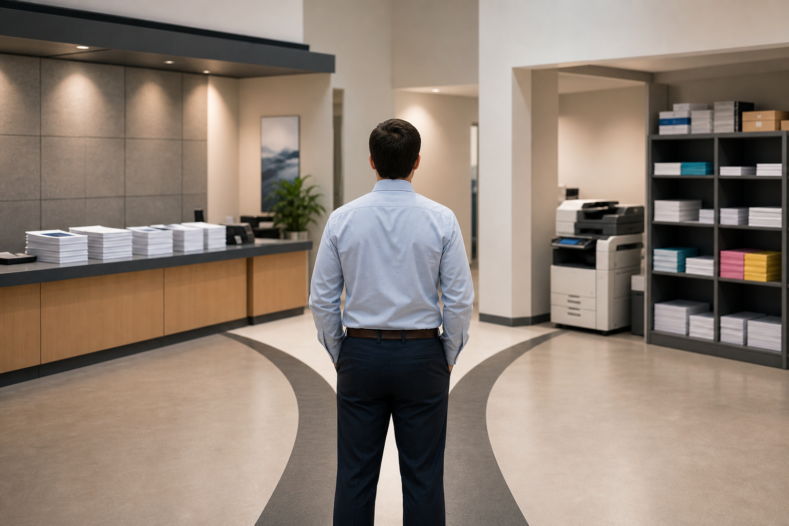 Office decision fork for urgent paper copies versus stocked office paper