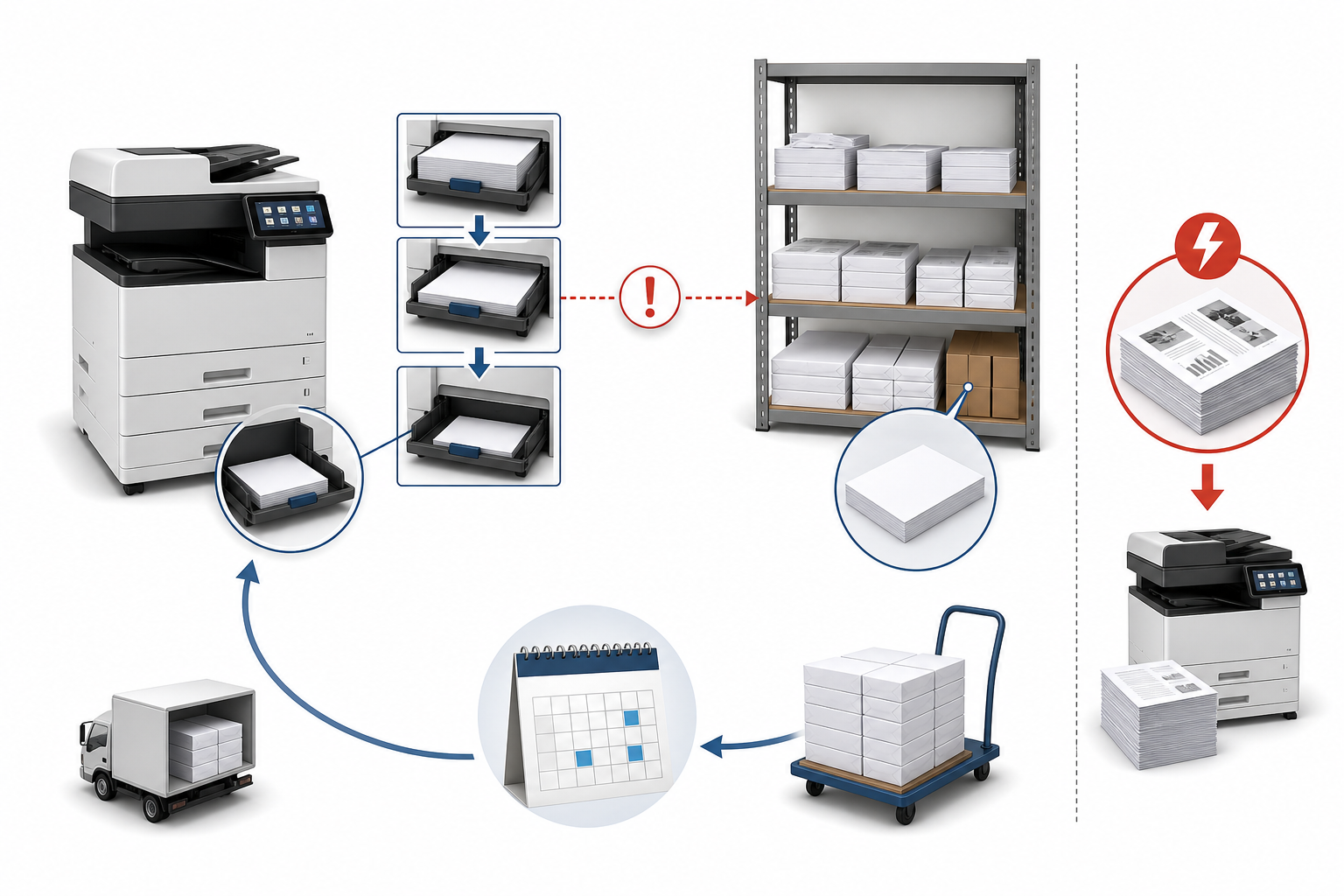 Recurring office copy workflow with paper inventory reorder point