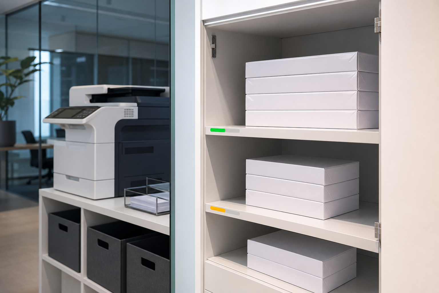 Office paper floor-stock trigger showing remaining reams and replenishment need