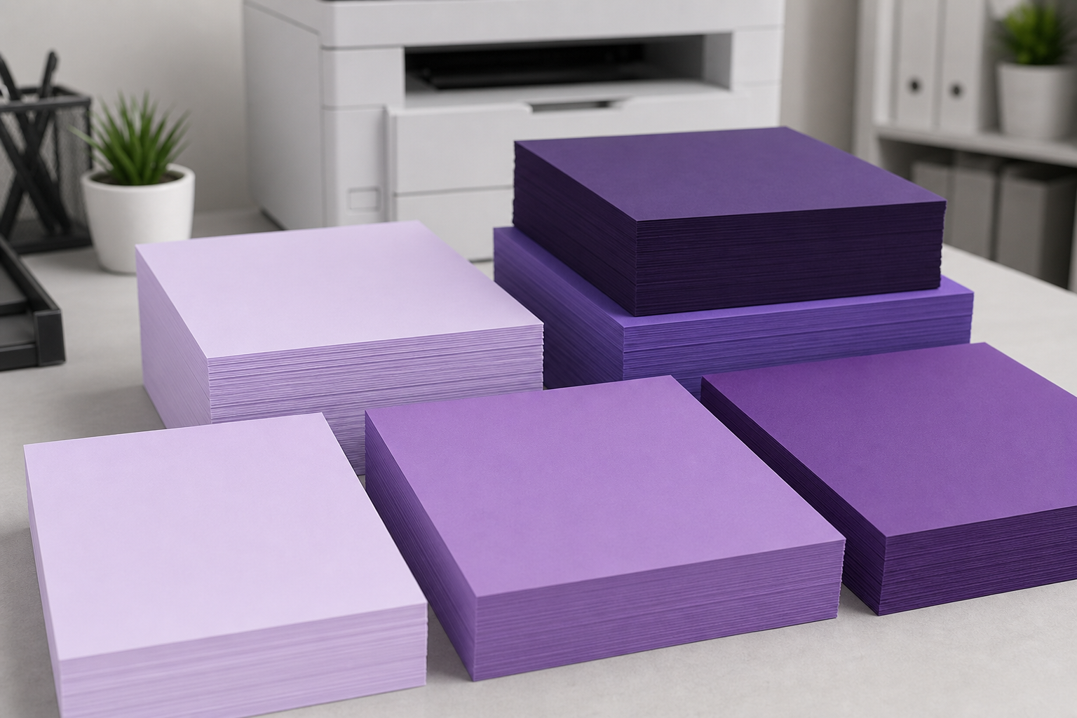 Purple copy paper shades arranged from lavender to dark purple for office specification planning