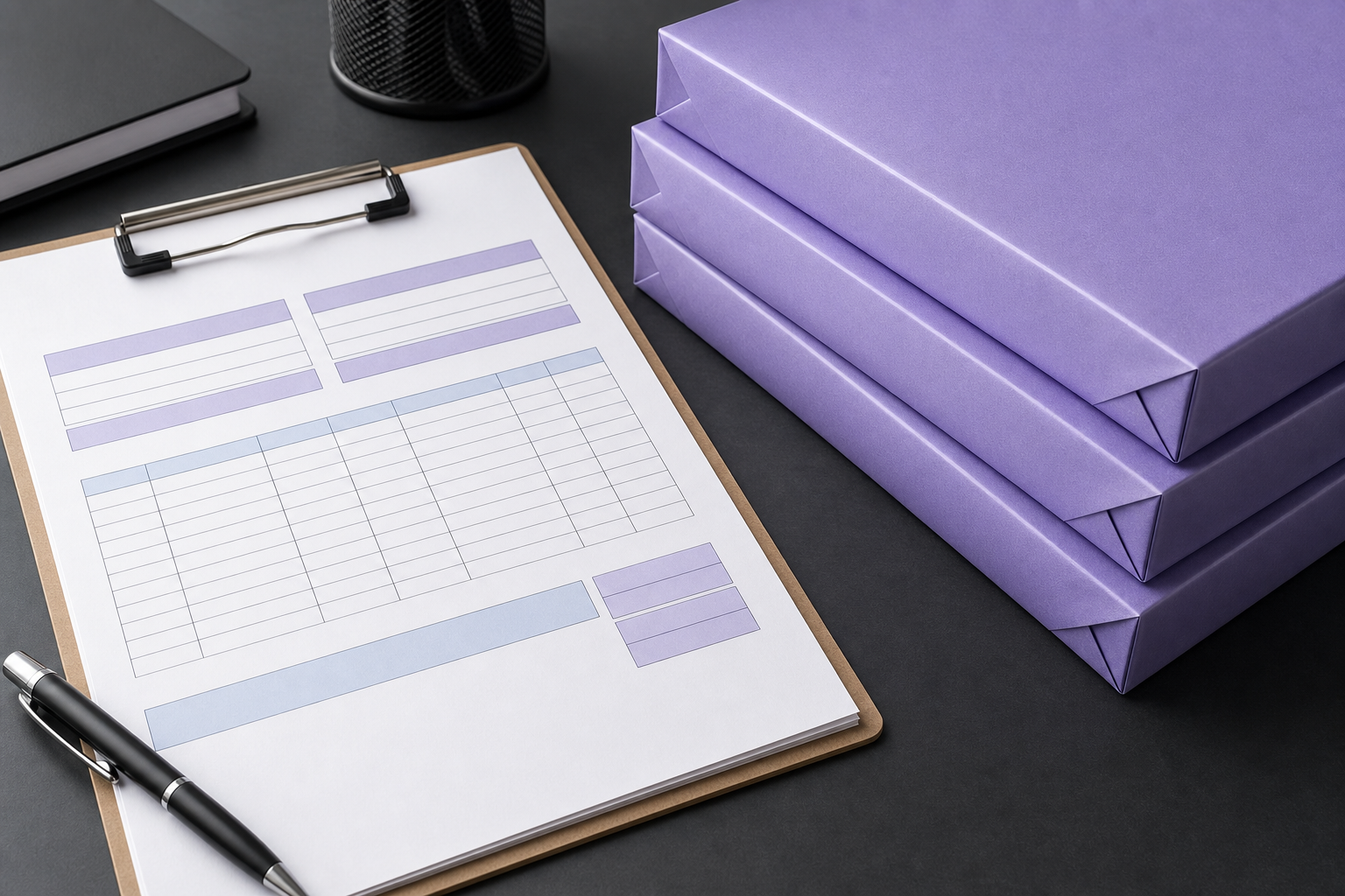 Blank purchase order form and purple copy paper for supplier-ready specification