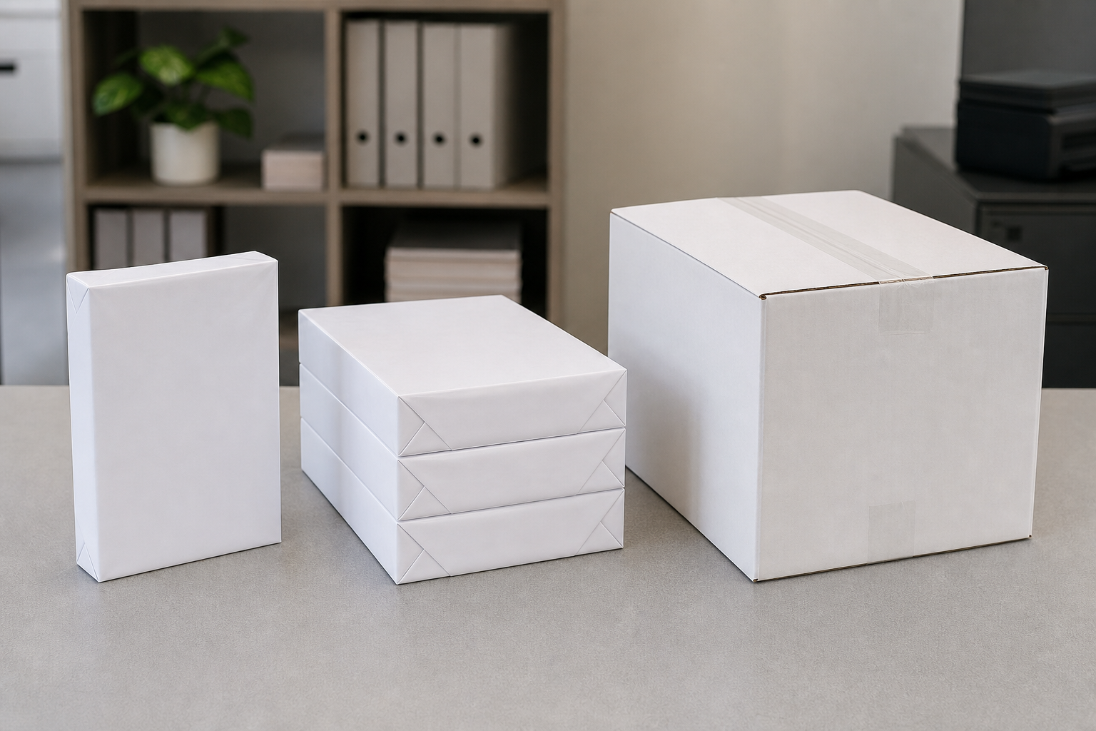 Single ream, three-ream bundle, and bulk case of copy paper