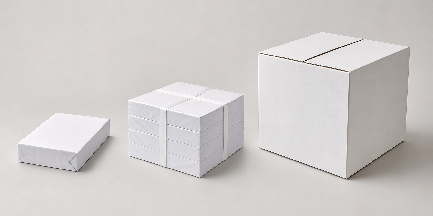 Visual comparison of one ream three reams and a ten ream copy paper case