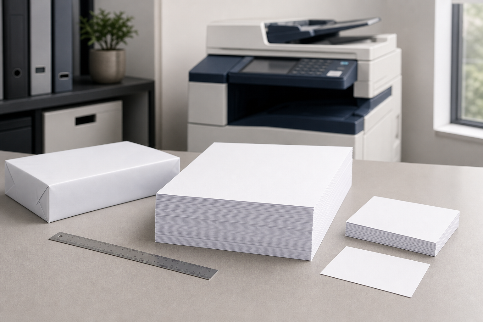 Regular copy paper order-line specification with paper size, weight, brightness, quantity, and device compatibility