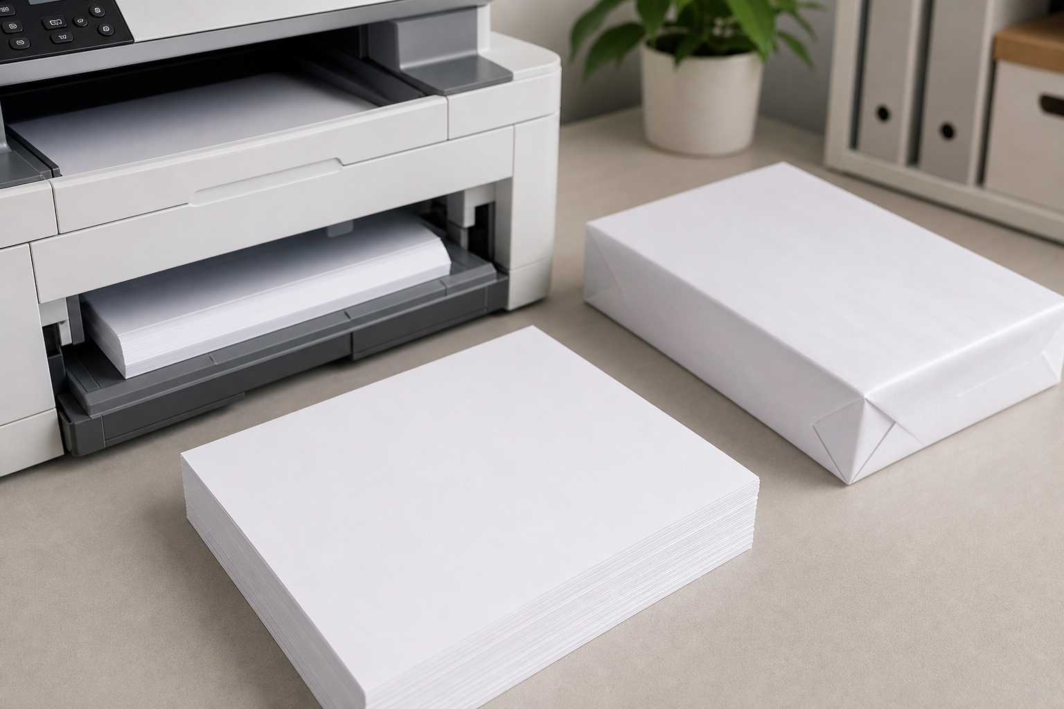 Default U.S. office standard copy paper baseline with unbranded ream and printer tray