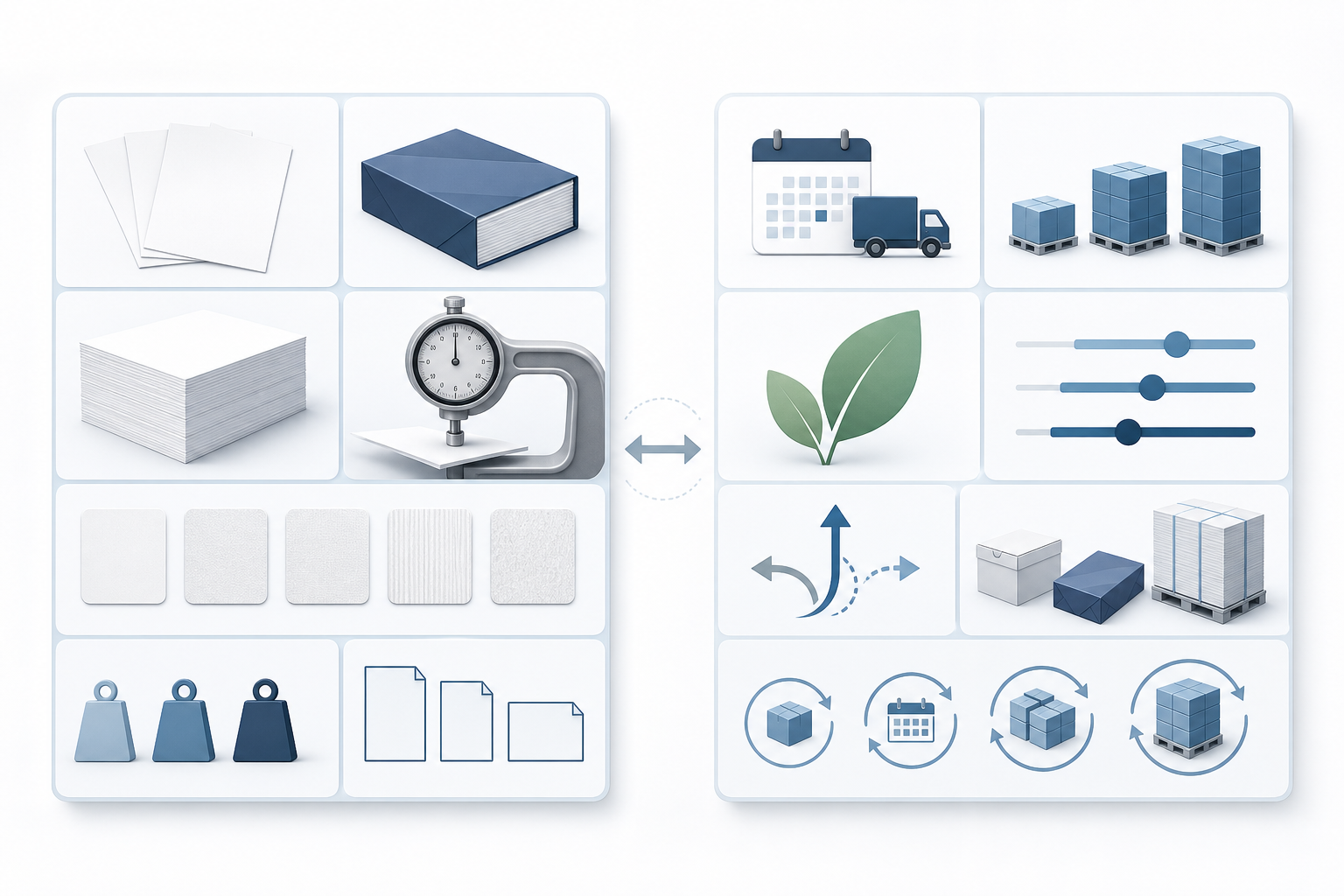 Required and variable standard copy paper specifications shown as a procurement comparison visual