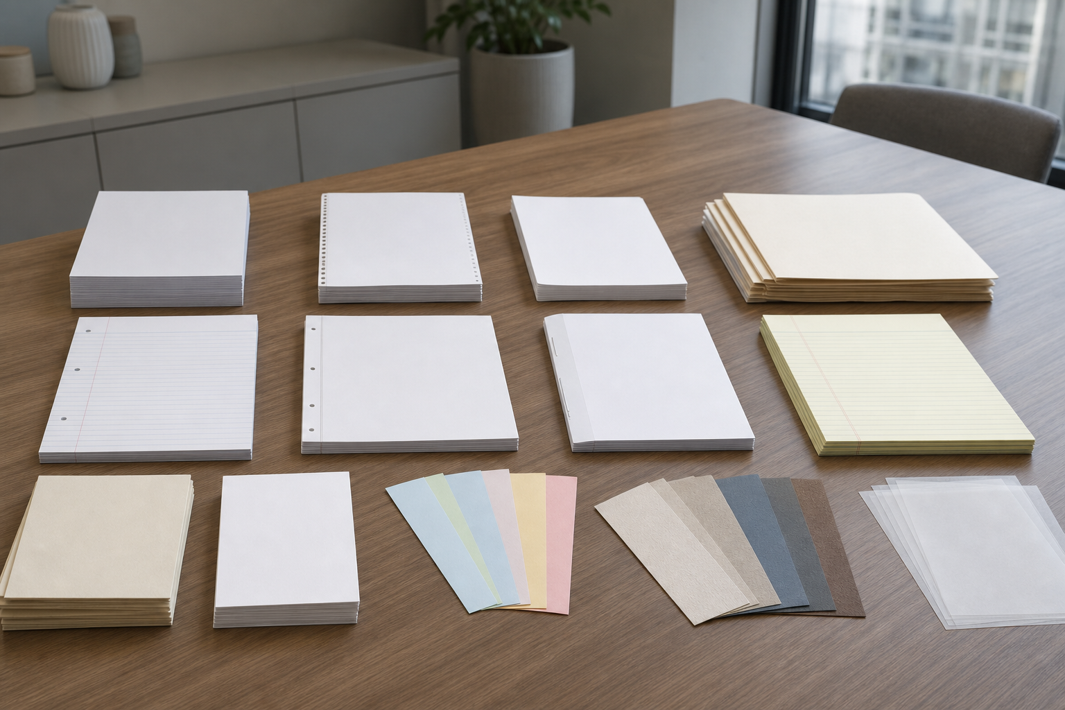 Office paper exception matrix showing routine paper, reports, legal-size sheets and specialty paper choices