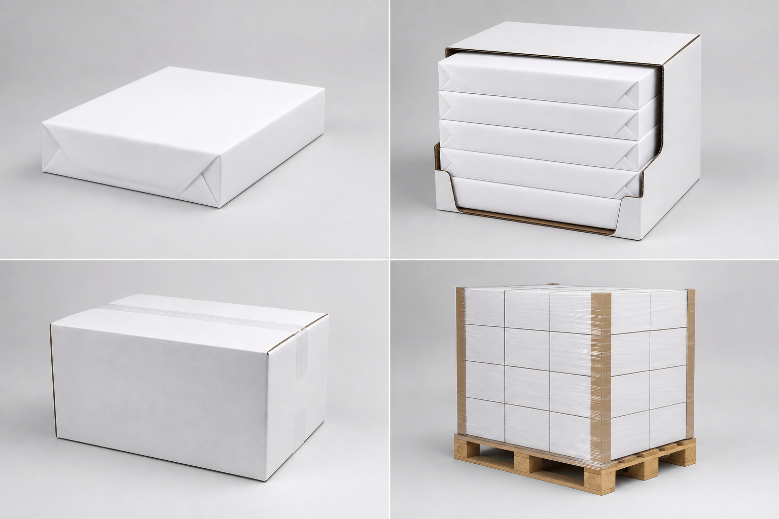 Comparison of Staples copy paper formats including reams, cases, 10-ream cartons and bulk options