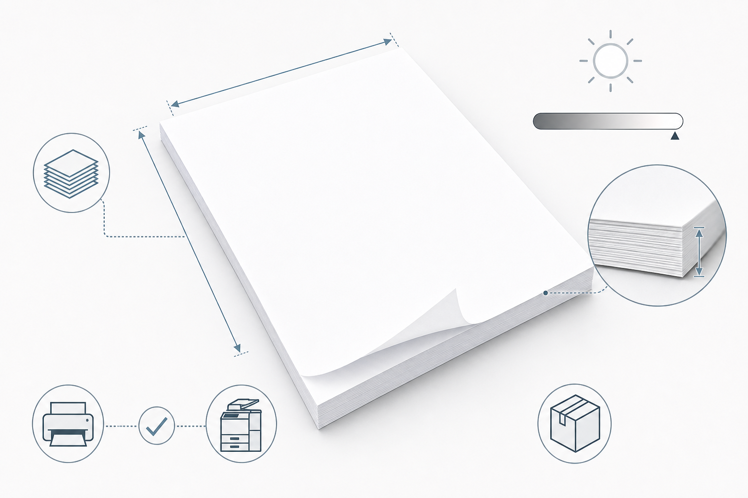 Diagram explaining copy paper size, 20 lb weight, brightness, sheet count and printer compatibility