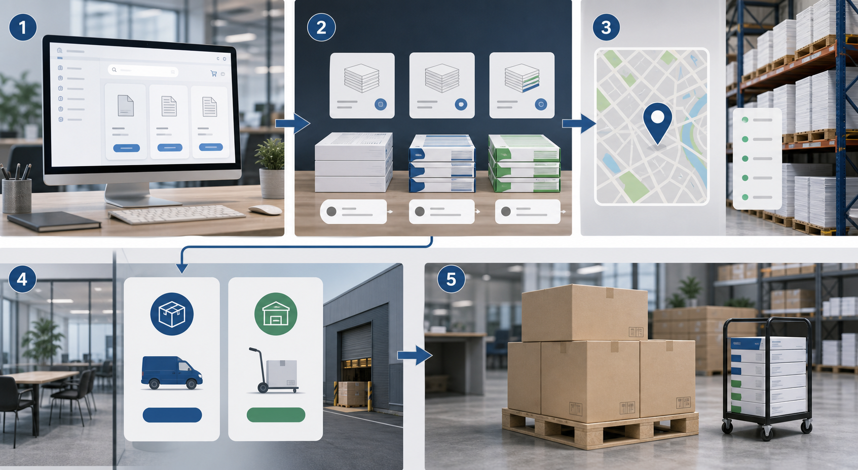 Flow showing how to check copy paper price, quantity, local availability and pickup or delivery options