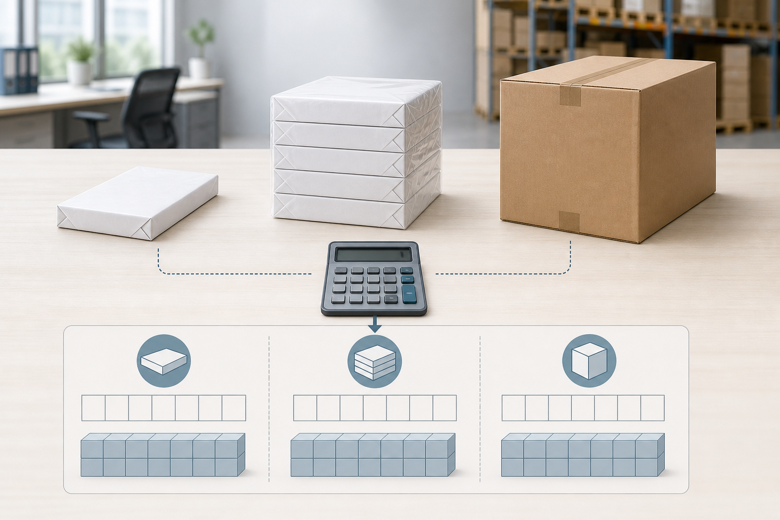 Normalized unit comparison for copy paper reams packs and cases