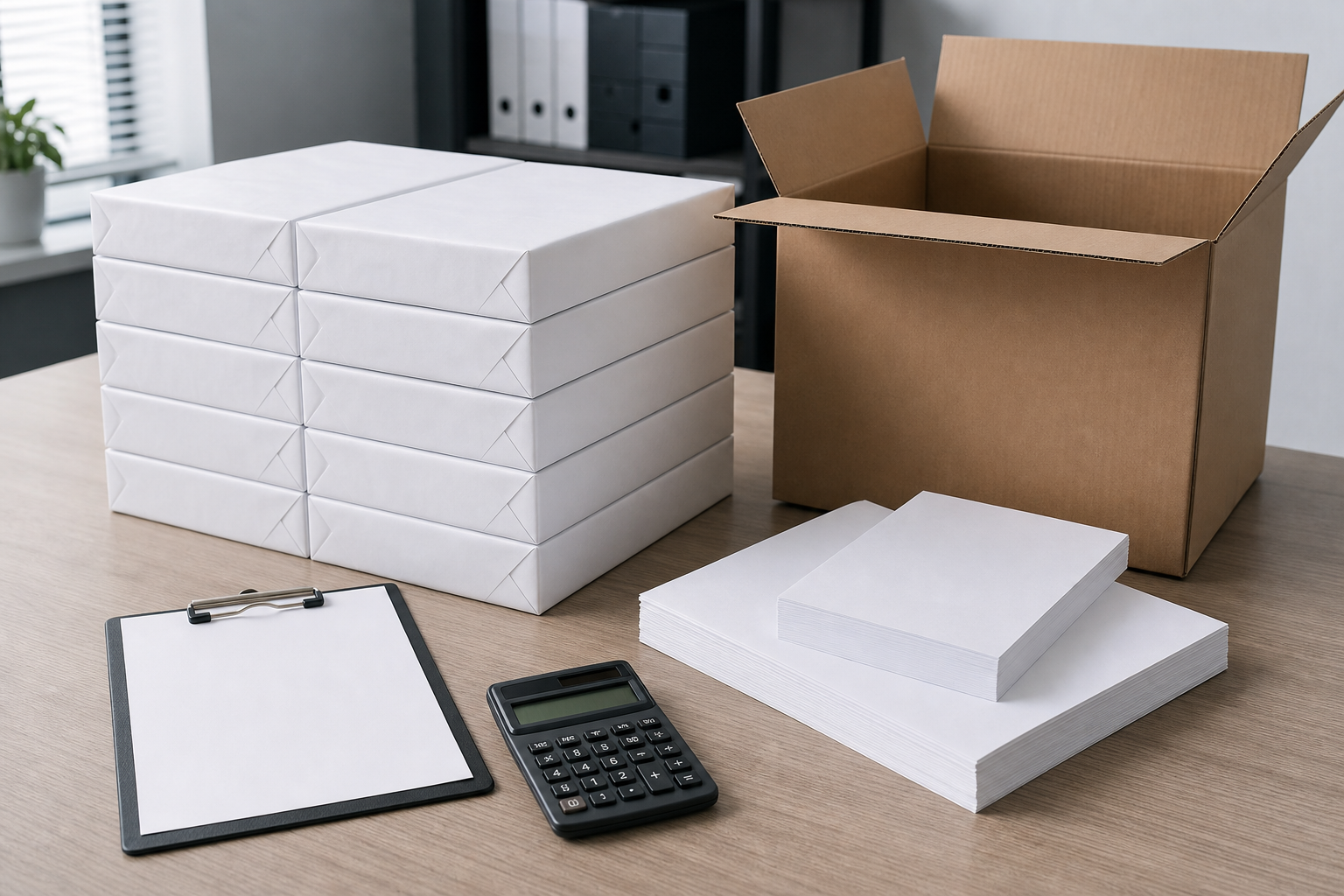 Ten reams of copy paper arranged as a 5000 sheet carton requirement