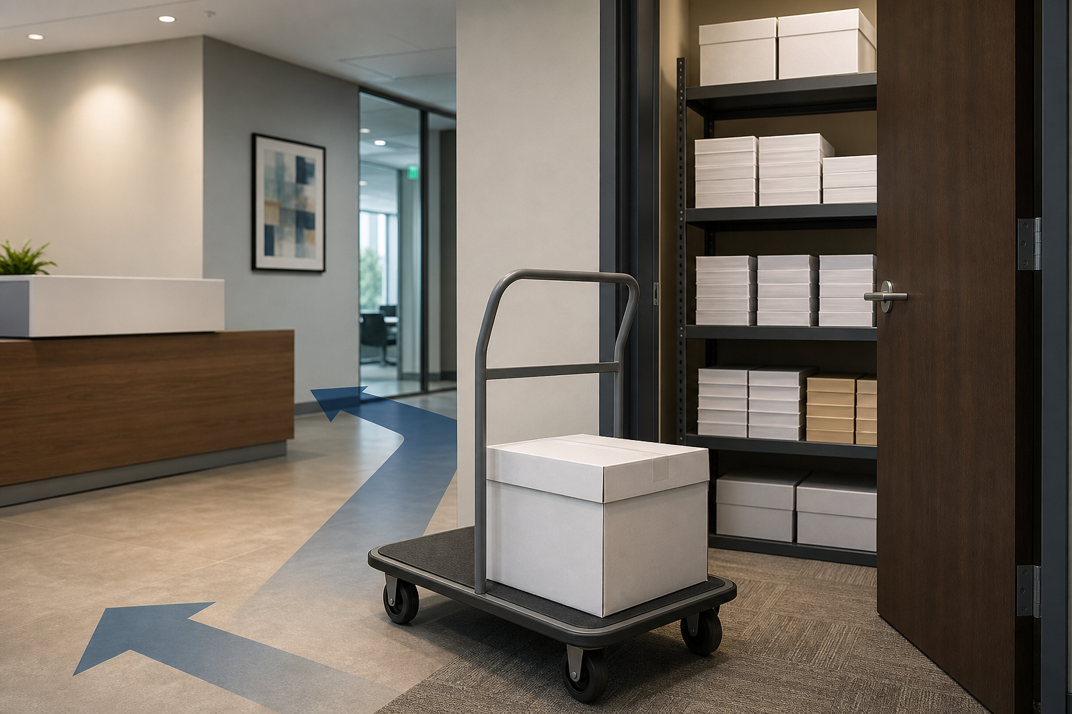 Receiving and protected storage plan for one 10 ream copy paper carton